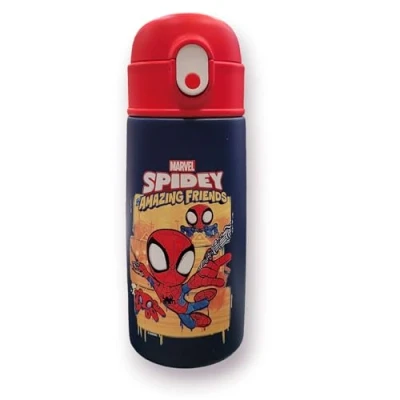 Image de Gourde isotherme SPIDER MAN, bleu rouge pour enfants avec paille 460 ml maternelle SPIDERMAN, école primaire acier inoxydable, maintien température jusqu&#039;à 24h