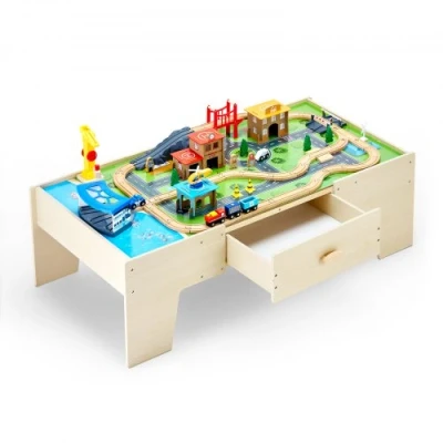 Image de VEVOR Table Circuit Train Bois 62 PCS avec Rail de Grand Tiroir Rangement