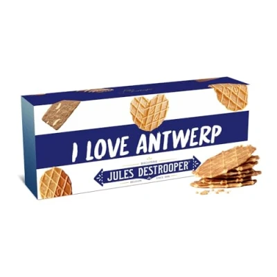 Afbeelding van Jules Destrooper Natuurboterwafels &quot;I love Antwerp! / J&#039;aime Anvers&quot; 2 dozen met Belgische koekjes 100g x