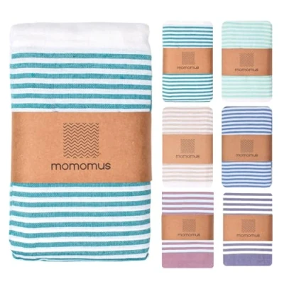 Afbeelding van MOMOMUS Fouta XXL stranddoek of picknickhanddoek voor strand, gestreepte deken met franjes, zandvrije strandmat, groot picknicktafelkleed, zeegroen, 210 x 240 cm