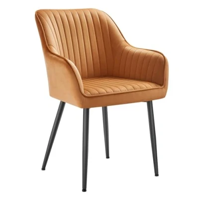 Afbeelding van SONGMICS Eetkamerstoel, keukenstoel, fauteuil, fluweel, gestoffeerde stoel met armleuningen, loungestoel, tot 120 kg belastbaar, metalen poten, voor eetkamer, keuken, karamelbruin inktzwart