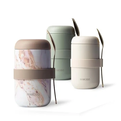 Afbeelding van MAMEIDO Geïsoleerde voedselcontainers, 500 ml, roestvrij staal, BPA vrij, voor muesli, pap en babyvoeding (grijs (Pearl Marble), 0,5 l)