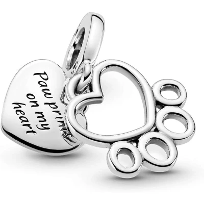Afbeelding van Pandora Passions 925 Sterling Silver Hearts &amp; Paw Print Dangle Charm 799360C00