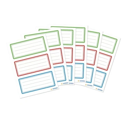 Afbeelding van HERMA 18 stuks driekleurige boeketiketten, 76 x 35 mm, zelfklevend, gelinieerd, voor school, kinderen, meisjes, jongens, meerkleurig, groen, rood, blauw