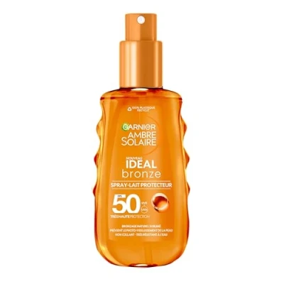 Afbeelding van Garnier Ambre Solaire Ideal Bronze beschermende melkspray zeer hoge bescherming SPF 50+ verrijkt met vitamine E niet vet plakkerig alle huidtypes 150 ml