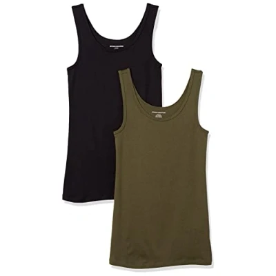 Image de Amazon Essentials Débardeur en coupe cintrée Women&#039;s, Pack of 2, Noir/Vert Olive, S