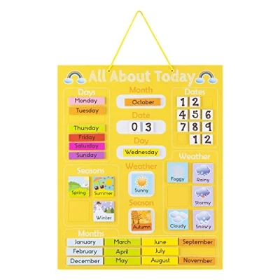 Afbeelding van Navaris leerkalender voor kinderen Magnetisch kalenderbord met seizoenen en het weer Jaarkalender magneten Kinderkalender Engels Geel