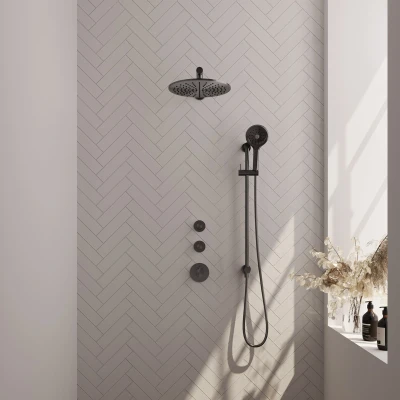 Afbeelding van Brauer Gunmetal Edition Regendoucheset inbouw hoofddouche 30cm 3 gladde knoppen rechte wandarm glijstang handdouche rond standen PVD
