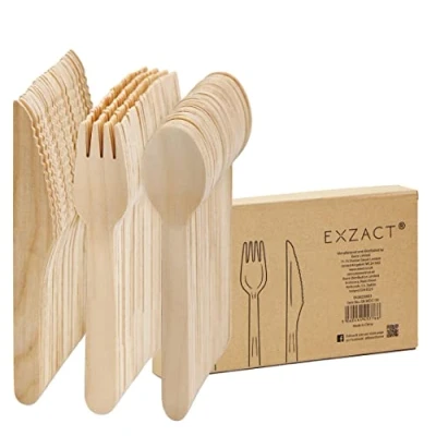 Afbeelding van EXZACT Wegwerpbestek van hout, 150 stuks, recyclebaar, vorken en lepels, voor camping, reizen barbecue