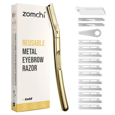 Afbeelding van ZOMCHI Dermaplane scheermes met 11 mesjes voor vrouwen en mannen, wenkbrauwtrimmer siliconen beschermkap, wenkbrauwscheerapparaat, gezichtsscheermes ontharing, mat goud