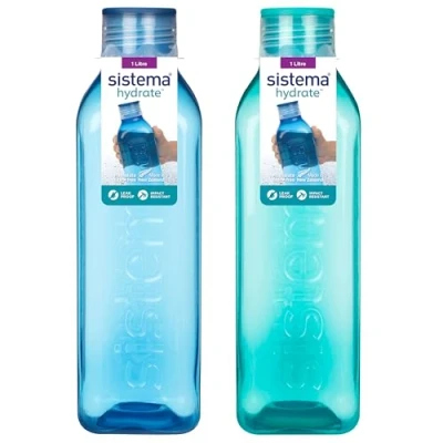 Image de Sistema Lot de 2 bouteilles d&#039;eau carrées anti fuites pour enfants, sans BPA, bleu océan et sarcelle menthe, 1 l