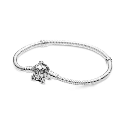 Afbeelding van Pandora Disney Assepoester Snake Mesh Armband Sterling Zilver Pompoen Carrosse Sluiting en Transparante Kubieke Zirkonia&#039;s, 17, Metaal, zirkonia