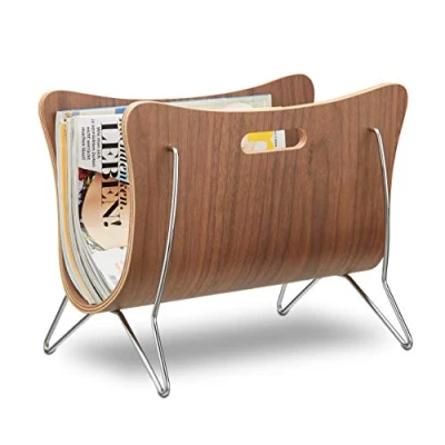 Afbeelding van Relaxdays lectuurbak hout tijdschriftenhouder met handvaten krantenbak design metaal