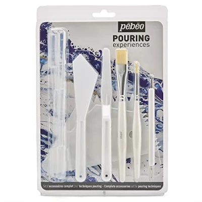 Afbeelding van Pébéo Set van 11 accessoires voor Pouring Experiences 2 schildermessen, penselen, 1 marmergereedschap, spatel en 5 pipetten, marmer