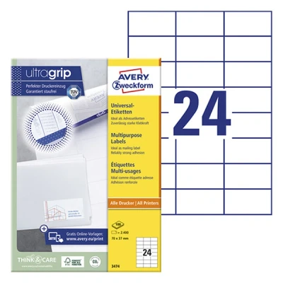 Image de Avery Zweckform 3474 étiquettes multi usages A4 70 x 37 mm (2400 pièces) blanc