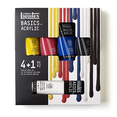 Afbeelding van Liquitex 3699406 Basics acrylverf, monogepigmenteerde kunstenaarspigmenten, lichtecht, gemiddelde viscositeit, satijnen afwerking, 4 kleuren in 75 ml + 1 tube van 118 ml, schilderset
