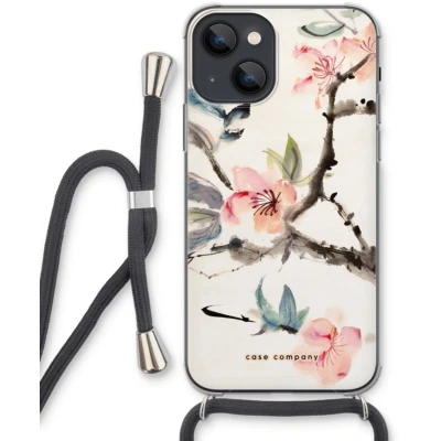 Afbeelding van Case Company® hoesje met Koord geschikt voor iPhone 13 mini Japanse bloemen Telefoonhoesje Zwart Extra Bescherming aan alle Kanten en Over de Schermrand