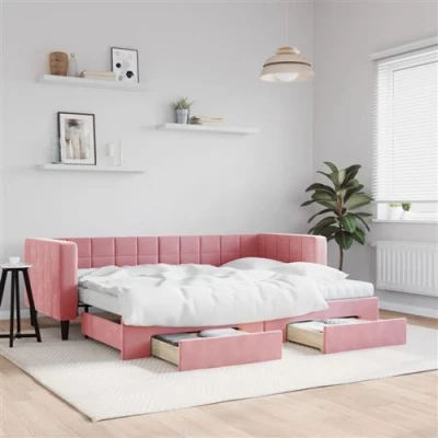 Afbeelding van vidaXL Slaapbank met onderschuifbed en lades 80x200 cm fluweel roze