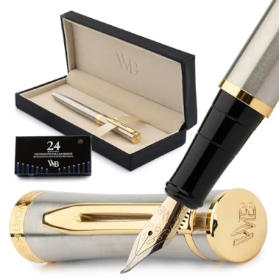 Afbeelding van Wordsworth &amp; Black Vulpenset, 18 karaat gouden gebogen veer, bevat 24 inktpatronen, inktvulconverter en geschenkdoos, afwerking, kalligrafie [zwart goud]