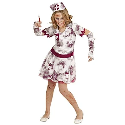 Afbeelding van Widmann Zombie verpleegsterkostuum, jurk, vingerloze handschoenen, kap, Halloween, carnaval, themafeest