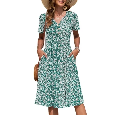 Afbeelding van AUSELILY Zomerjurk voor dames, korte mouwen, knielang, licht, V hals, knopen, met zakken, Groene bloem., XXL