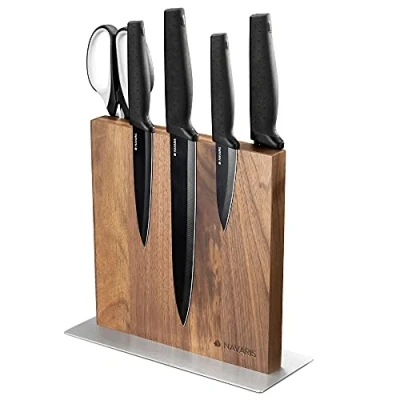 Afbeelding van Navaris magnetisch dubbelzijdig messenblok Magnetische messenhouder van walnotenhout Houten organizer voor messen Tweezijdig Donkerbruin