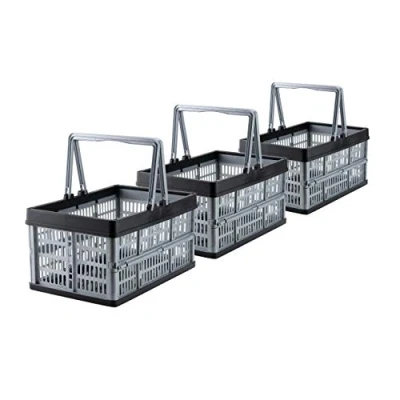 Afbeelding van Grizzly Set van 3 vouwdozen met handvat, opvouwbare kunststof boodschappenbox, opvouwbaar, stapelbaar, grijs, 16 liter