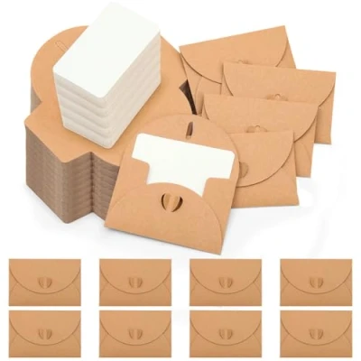 Afbeelding van Omtofo 60 stuks mini enveloppen met blanco kaarten, 10,5 x 7 cm, kraftpapier, kleine enveloppen, hartsluiting voor cadeaukaarten, knutselen, graffiti, festival, wenskaart.