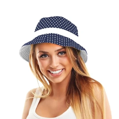 Afbeelding van TOSKATOK® UV bescherming, UPF 50+, omkeerbaar, voor vrouwen, gestippeld, katoen, Eén maat, Navy Blauw