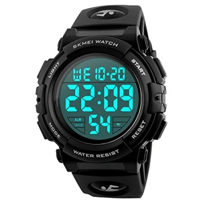 Afbeelding van SKMEI Digitaal herenhorloge met grote wijzerplaat, waterdicht, militair horloge, chronograaf, wekker, zwart, bandje, zwart., riem
