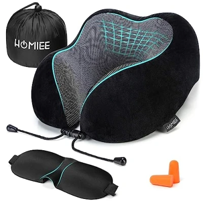 Afbeelding van HOMIEE Memory Foam Reiskussen, Reiskussen Traagschuim, U Vormig Nekkussen, voor Vliegtuig, Ademend en Wasbaar Met Slaapmasker Oordopjes Opbergzakje (zwart)