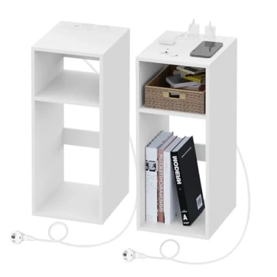 Afbeelding van WOLTU Set van 2 nachtkastjes met stopcontacten en USB poorten voor smalle slaapkamer, nachtkastje open vakken, woonkamer, hout, 25 x 30 60 cm, NTS06ws