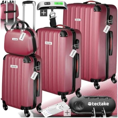 Afbeelding van tectake® 4 delige reiskofferset inclusief koffertrolley en bagageweger, 360 wielen, harde koffer met cijferslot, grote koffer, stapelbaar, trolley handbagage rood