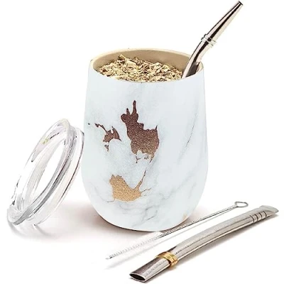 Afbeelding van BALIBETOV Set Calebasse Maté Yerba (mat) en Bombilla roestvrij staal 18/8 dubbelwandig bevat twee pompons een reinigingsborstel (gouden marmer, 355)