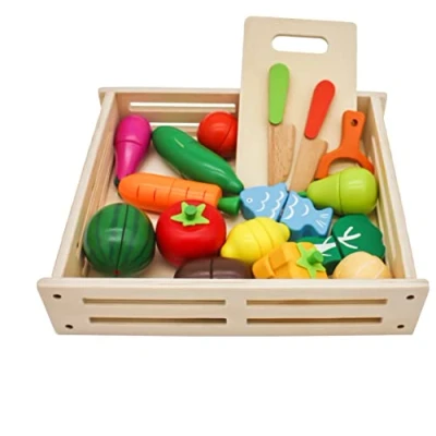 Afbeelding van Mamabrum Houten Snijgroenten voor kinderen met container, fruit en groentemand, keukenaccessoires kinderen, kleurrijk keukenspeelgoed, educatief