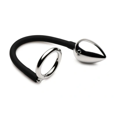 Afbeelding van XR Brands Tug + Plug Cock &amp; Ball Ring Met Anaalplug Zwart&amp;Zilver Siliconen