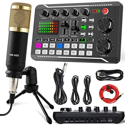 Afbeelding van ALLWIN Streaming microfoon, podcast starterset, USB cardioïde condensator, audio mixset met geluidskaart voor streaming/podcast/opname, geschikt pc/computer