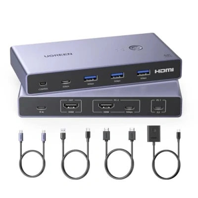 Afbeelding van UGREEN KVM HDMI Switch USB C 4K 60Hz 2 ingangen 1 uitgang met 4 3.0 3A1C 5Gbps schakelaar compatibel MacBook PS5 computer Steam Deck, kabel en videokabel inbegrepen