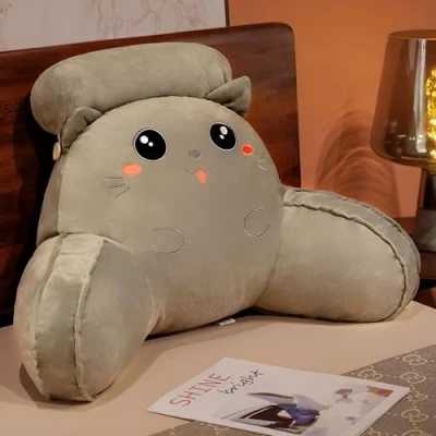 Afbeelding van LANPEW Rugkussen met armleuningen, leeskussen voor bed, bedstoel, rugkussen, rugsteun, cadeau om te lezen, werken en spelen (pluche kat grijs, 70 x 50 cm)