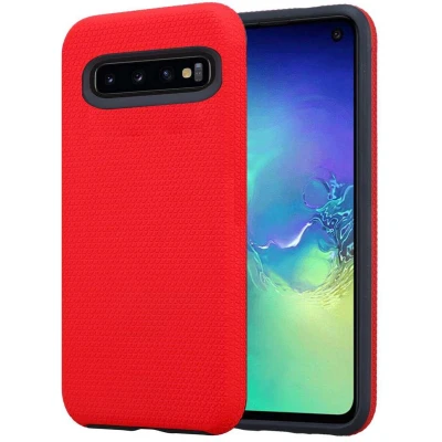 Afbeelding van Cadorabo Hoesje geschikt voor Samsung Galaxy S10 4G in ANJERS ROOD Hybride beschermhoes buiten met extra grip en antislip oppervlak driehoekig design, gemaakt van siliconen kunststof