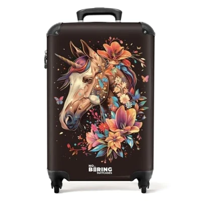 Afbeelding van NoBoringSuitcases.com® Handbagage koffer lichtgewicht Reiskoffer trolley Eenhoorn en bloemen op zwarte achtergrond Rolkoffer met wieltjes Past binnen 55x40x20 55x35x25