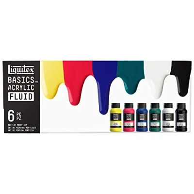 Afbeelding van Liquitex Basics Fluid Acrylset 6 x 118 ml, acrylverf met vloeibare consistentie, sneldrogend, lichtecht, waterdicht, op waterbasis, kleuren in flessen van ml