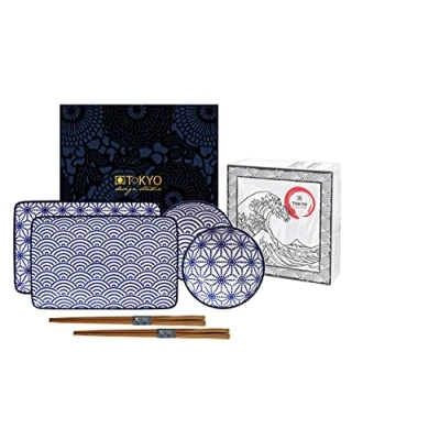 Afbeelding van Tokyo Design Nippon Blue Sushi Set 4 pcs + Chopsticks, Lines&amp;dots, Giftbox