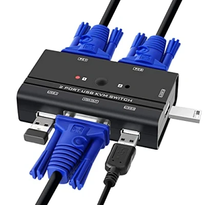 Afbeelding van VGA KVM schakelaar, 2 poorts selector voor monitoren het delen van pc&#039;s en 3 USB apparaten, toetsenbord, muis, printer, met kabels