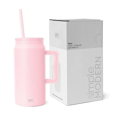 Afbeelding van Simple Modern Beker met handvat en rietje, grote geïsoleerde roestvrijstalen waterkan, cadeaus voor mannen vrouwen, Trek collectie, 1480 ml, poederroze