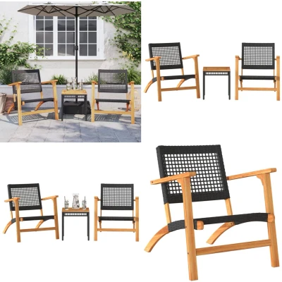 Afbeelding van 3 delige Bistroset poly rattan en massief acaciahout zwart