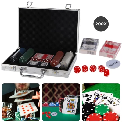 Afbeelding van Cheqo® Pokerset in Aluminium Koffer 200 Delig Inclusief Speelkaarten en Fiches Poker Set EBOOK