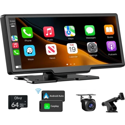 Afbeelding van Olvy Carplay Scherm PRO Geschikt voor Apple &amp; Android 10.26 Inch Navigatiesysteem Auto Incl. Achteruitrijcamera Draadloos Touchscreen Universeel Multimedia Autoradio