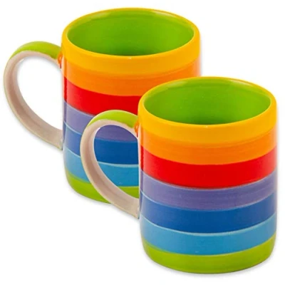 Afbeelding van Handgeschilderde regenboog streep keramische espresso koffiemok set van 2