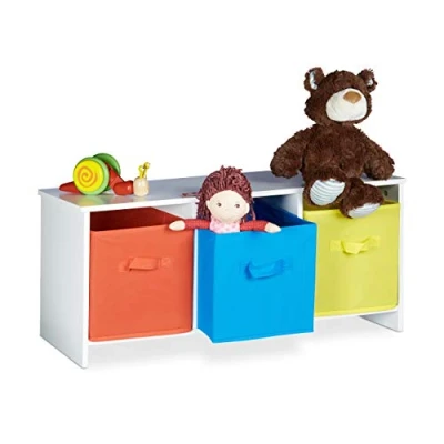 Afbeelding van Relaxdays speelgoedkast ALBUS houten speelgoedrek met stoffen opbergdozen opbergrek